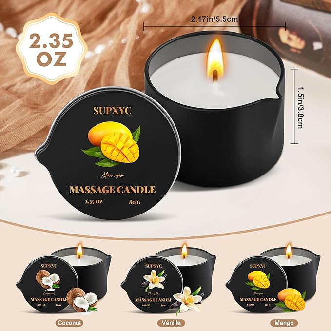 3PCS Massage Oil Candles, Soybean Wax Warming Massage Oil Candle, Low Temp Scented Body Oil Candles, Low Temperature Massages Oil Candle, for Moisturizes Skin,Stress Relief (2.35 OZ)