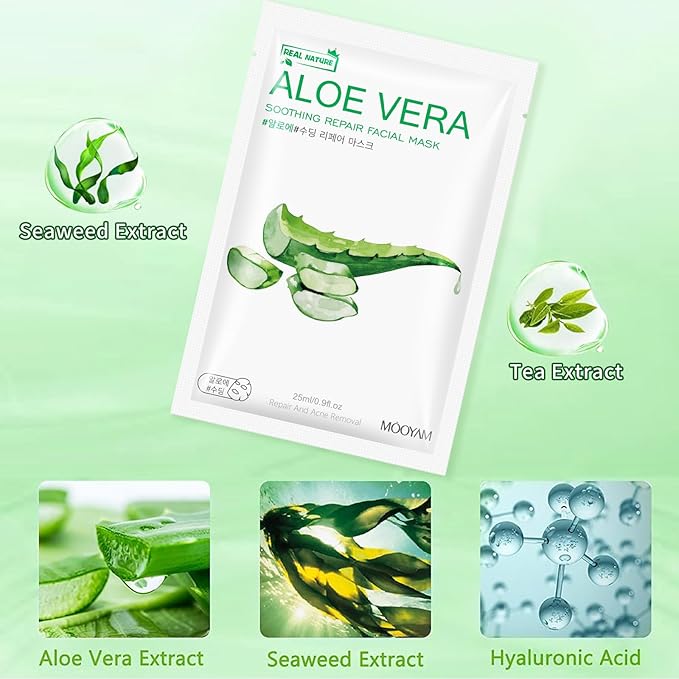 Facial Masks Skincare for Women, Aloe Vera Hydrating Face Sheet Masks,Moisturizing Face Mask Suitable for All the Skin,Dry Skin,Face Spa Mask 15 Sheets