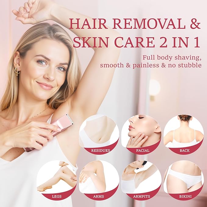 2 in 1 Bikini Trimmer for Women: Electric Razor & Shaver [IPX7 Waterproof] with Dual Heads for Body Pubic Hair - Rechargeable Lady Facial Trimmer for Underarm Leg Arm Face