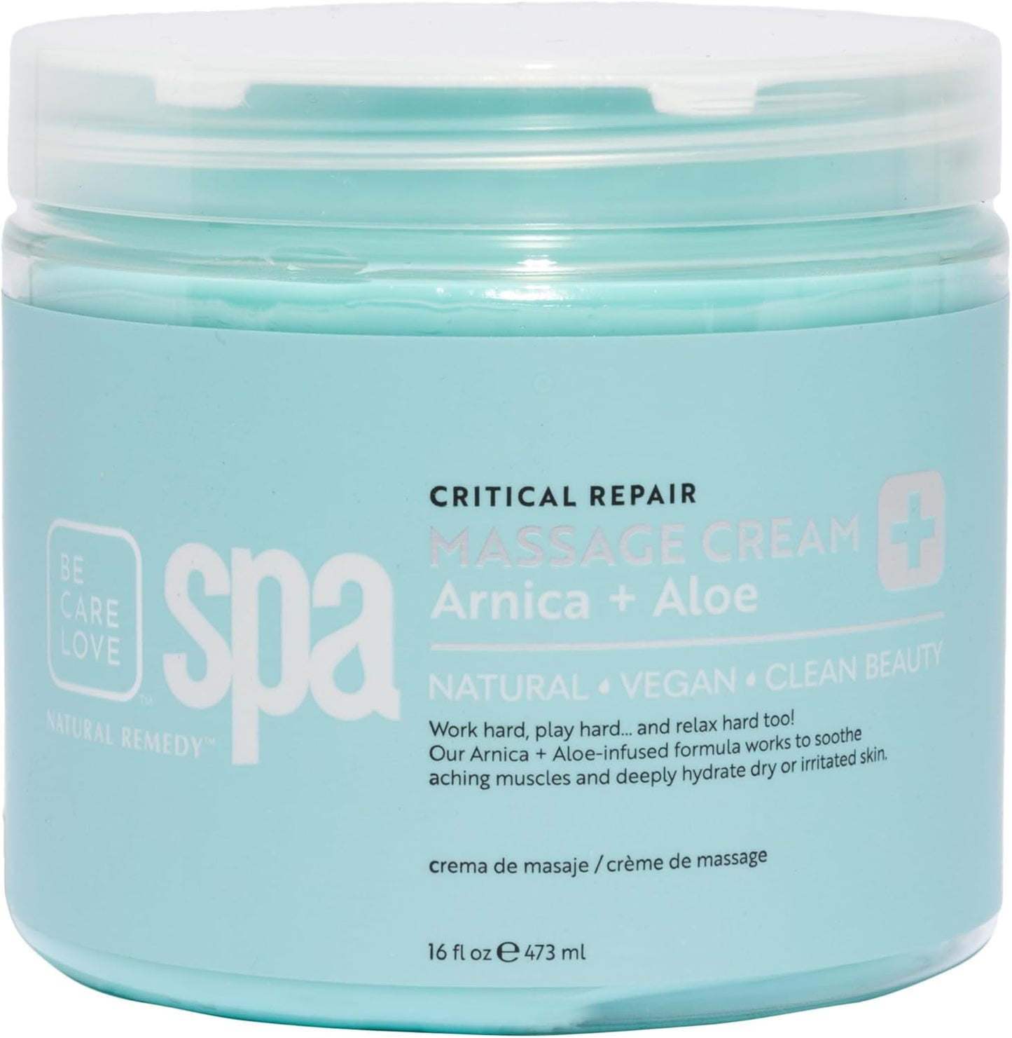 Be Care Love Spa Critical Repair Massage Cream with Organic Arnica and Organic Aloe Natural Vegan Clean Beauty Made in USA 16 fl oz