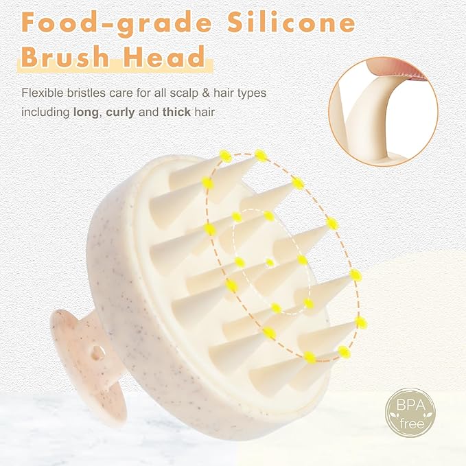 FREATECH Wheat Straw Scalp Massager Shampoo Brush with Soft Silicone Bristles for Scalp Scrub and Hair Growth, Head Massager Hair Scrubber Scalp Exfoliator for Dandruff, All Hair Types, Beige