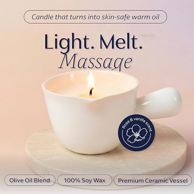 Massage Candle – Soy Wax Massage Oil That Melts Into Skin-Safe Warm Body Oil, Rose & Vanilla Scent, Ceramic Pour Cup (5 oz)