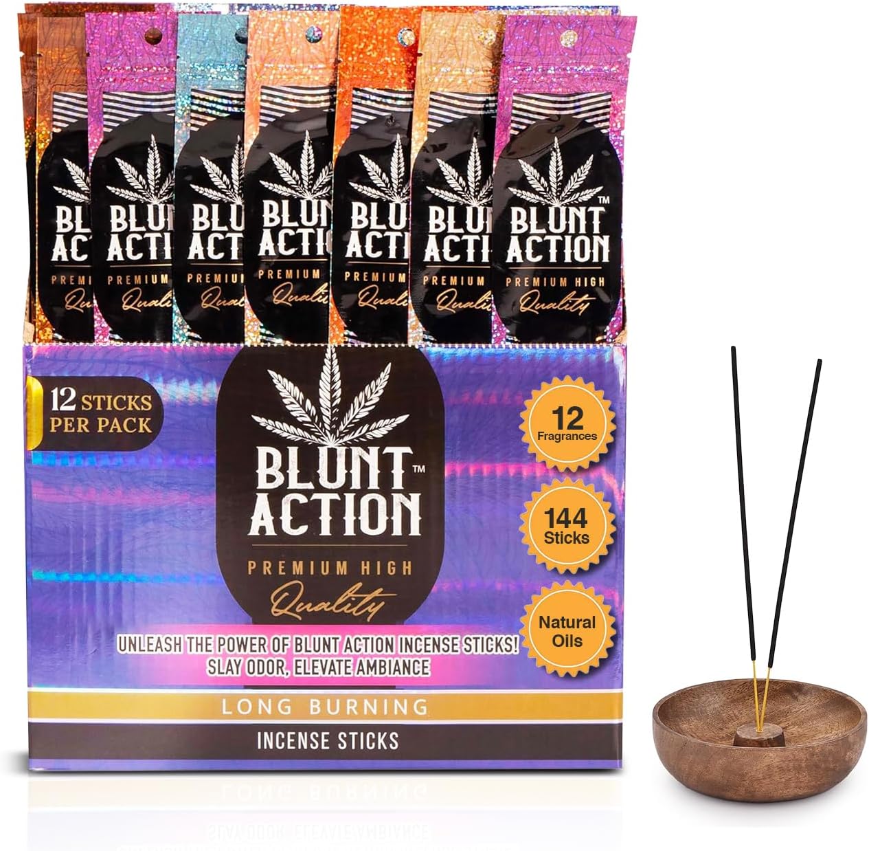 Tulasi Blunt Action Incense Sticks, 12 Packs, 144Pc, Long Lasting Fragrance, Natural Essential Oils Hand Rolled Incense Sticks for Aromatherapy, Relaxing, Yoga, Meditation, Prayer - Glowelle