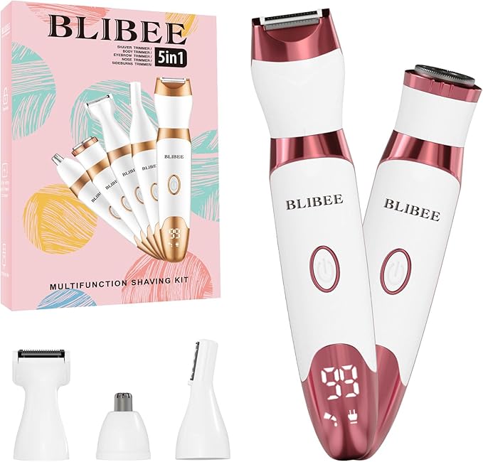 Bikini Trimmer for Women, LED Display Electric Razors for Women, 5-in-1 Electric Shaver, Rechargeable Painless Pubic Hair Trimmer for Legs, Underarms, Face & Sensitive Skin (Purple)