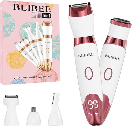 Bikini Trimmer for Women, LED Display Electric Razors for Women, 5-in-1 Electric Shaver, Rechargeable Painless Pubic Hair Trimmer for Legs, Underarms, Face & Sensitive Skin (Purple)