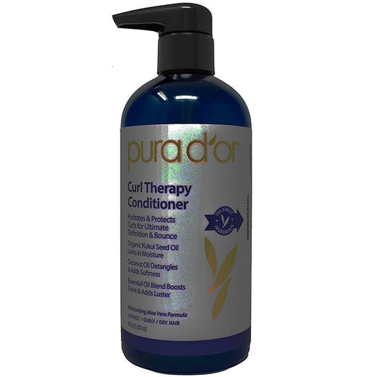 PURA D'OR Curl Therapy Conditioner (16oz) for Curly, Wavy or Frizzy Hair, Improves Shine, Definition & Bounce, Gentle Sulfate Free Formula Infused with Natural & Organic Ingredients for Men & Women