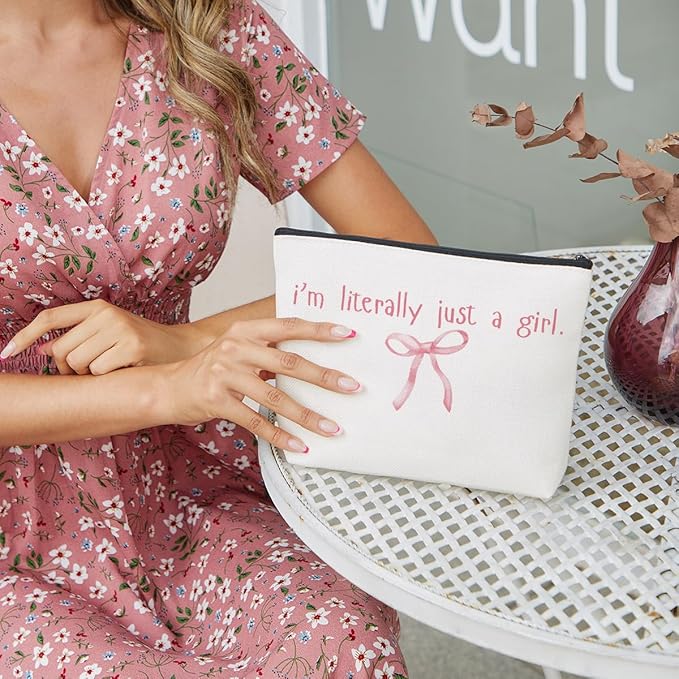 fkovcdy Pink Bow Makeup Bag for Girls, I'm Literally Just A Girl, Cute Bow Gift for Women, Small Bow Lover Travel Cosmetic Bag Zipper Pouch for Daughter granddaughter for Birthday Christmas 2