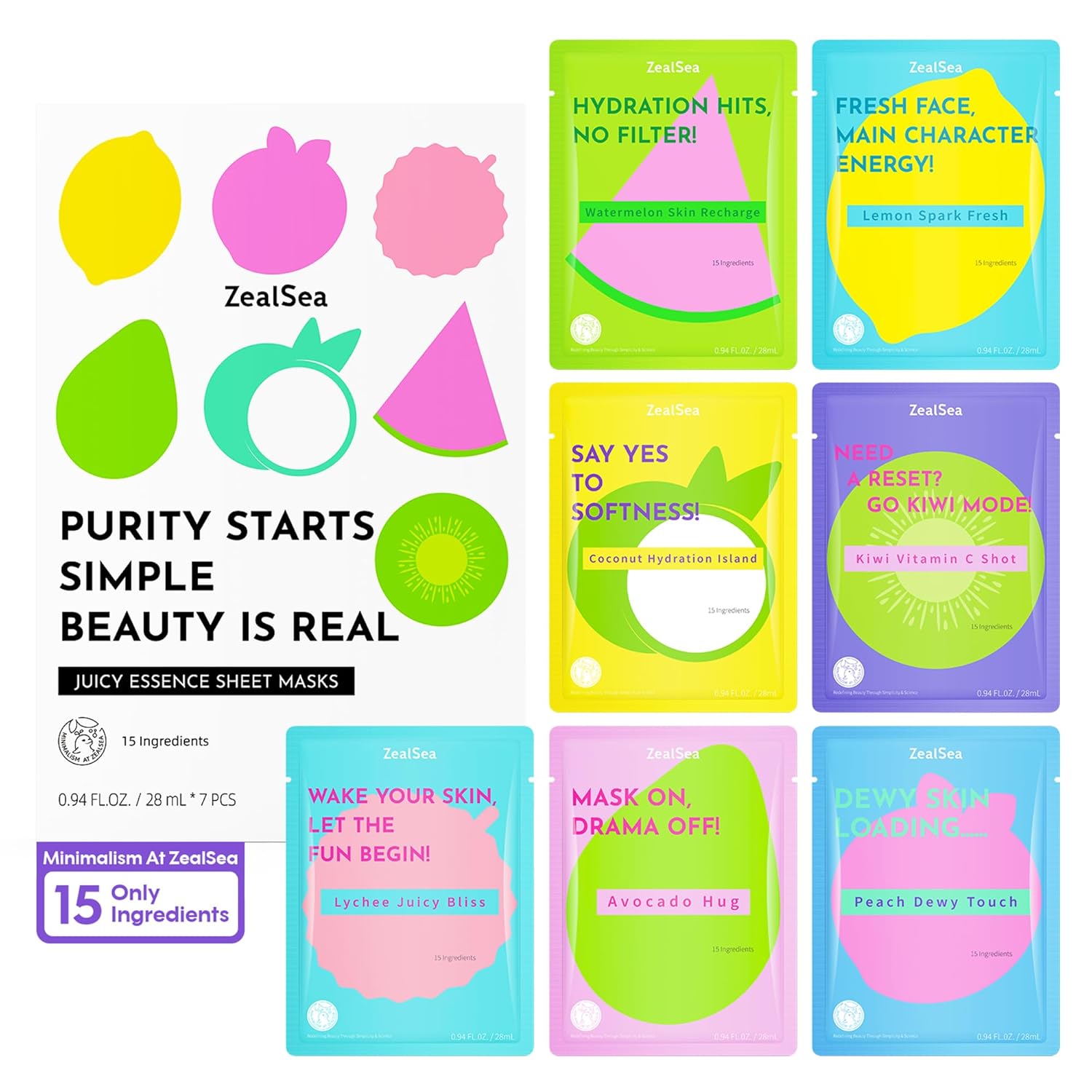 ZealSea Clean Beauty Face Masks Skincare, Minimalism 15 Ingredients Sheet Mask, Deep Hydration Facial Mask for Bouncy & Glowing, Sleepover Spa Party Supplies, Women Teen Girl Gifts Trendy Stuff, 7Pack - Glowelle