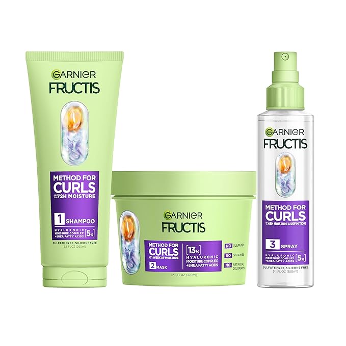 Garnier Fructis Method for Curls Curly Hair Products, Moisture Filling Shampoo, Hair Mask and Curl Refresher Spray, Designed and Tested for 2C to 4C Curls and Coils, 1 Kit