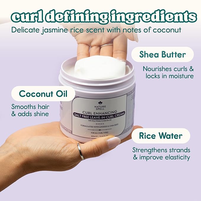 Nature Spell Curl Enhancing Leave-In Cream, Sulfate & Paraben Free, Protects from Heat Damage, Smoothing & Styling Kinks, Coils & Curls, with Coconut Oil & Aloe Vera, Color Safe, Vegan, 13.52 fl oz