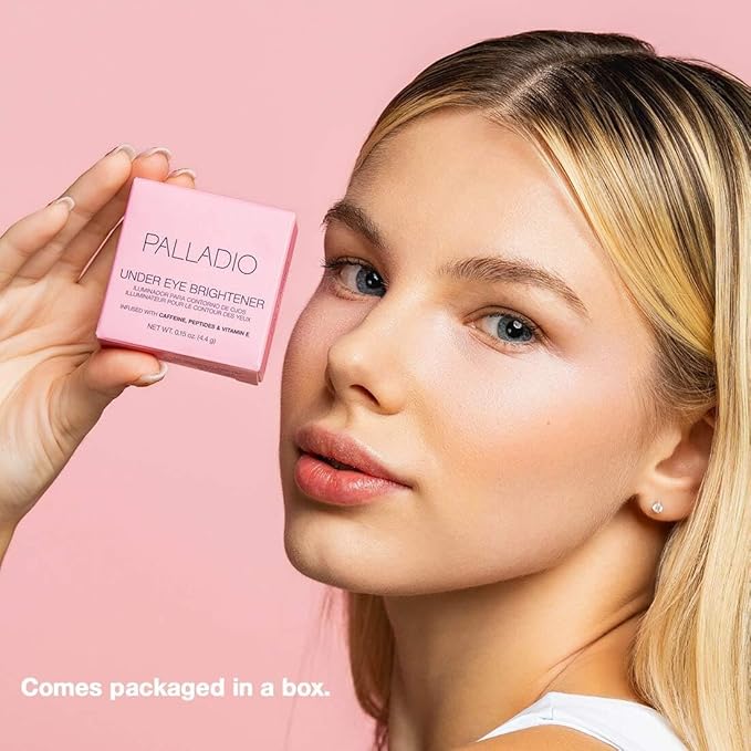 Palladio Under Eye Brightener, Conceal, Brightens, Reduces Appearance of Dark Circles, With Caffeine Peptides & Vitamin E, Tired Skin Color Correcting Brightener & Primer, Light to Medium (Soft Pink)