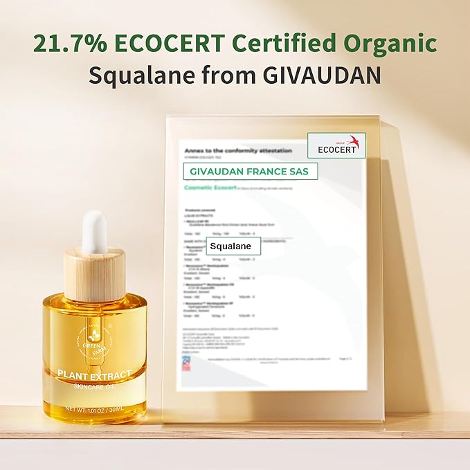 Face Oil with 21.7% ECOCERT Organic Squalane & Vitamin C - Plant-Based, Non-Greasy Facial Oil for Dry, Sensitive Skin - Anti-Aging, Brightening, Gua Sha Oil, 1 fl oz