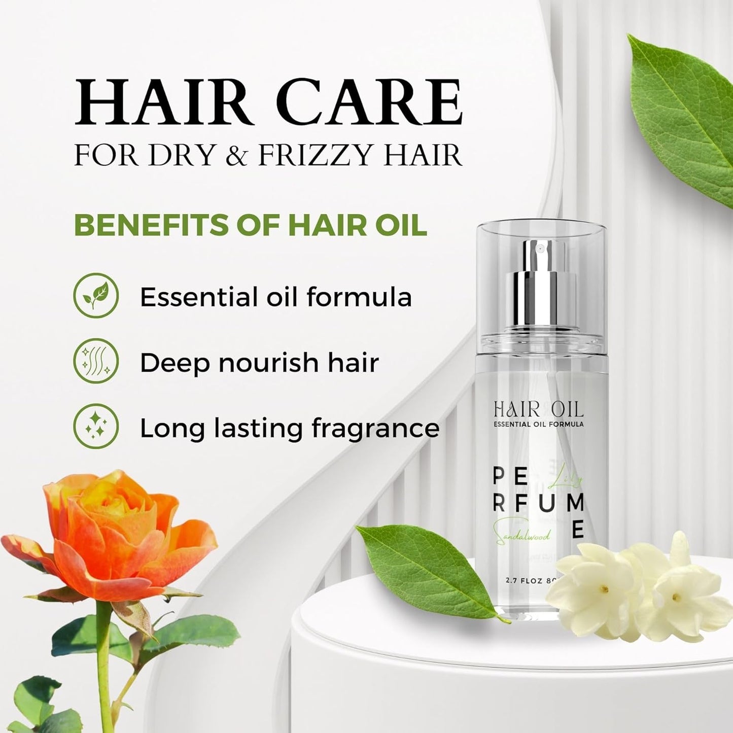 Hair Perfume Oil for Women (Lily Sandalwood), Argan Oil Heat Protection Spray for Dry, Damaged, Firzzy Hair Care, Long Lasting Fragrance Mist with Keratin & Elastin for Nourish & Smooth 2.7 fl oz - Glowelle