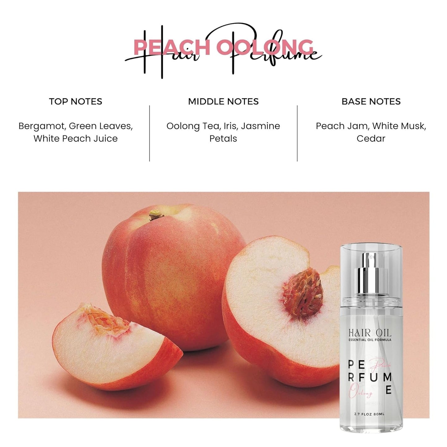 Hair Perfume Oil for Women (Peach Oolong), Argan Oil Heat Protection Spray for Dry, Damaged, Firzzy Hair Care, Long Lasting Fragrance Mist with Keratin & Elastin for Nourish & Smooth 2.7 fl oz - Glowelle