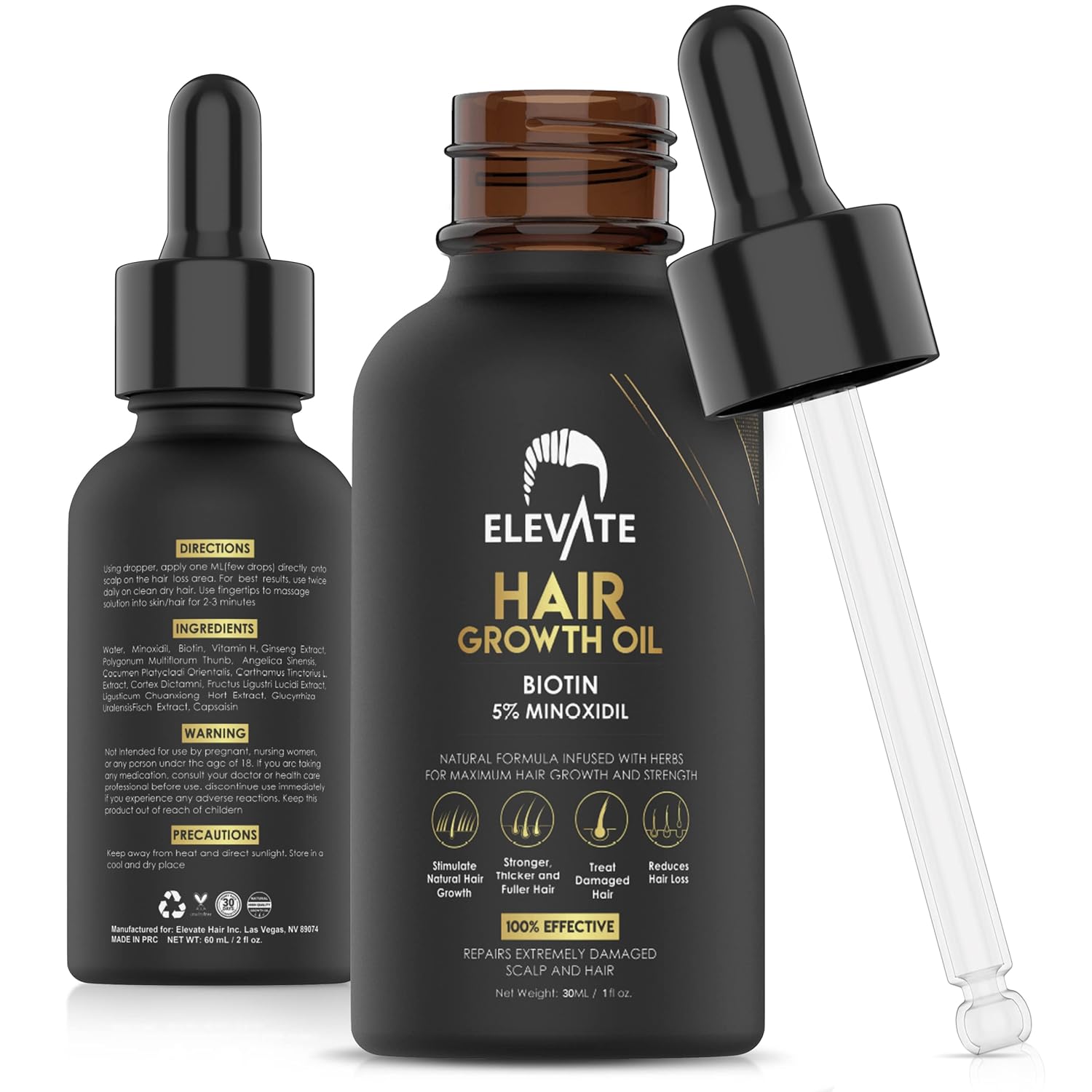 Elevate Hair Regrowth Treatment 5% Minoxidil Solution - Biotin Serum Hair Growth Oil for Men & Women - Thicker Fuller Stronger Hair - Stops Hair Loss & Thinning - Natural Hair Thickening Treatment 1oz - Glowelle