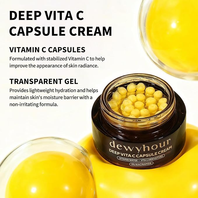 dewyhour Deep Vitamin C Golden Capsule Face Cream, Lightweight Face Moisturizer, Smoothing & Firming, Brightening Glow, Improves Appearance of Uneven Tone, Korean Skincare, For Dry Skin