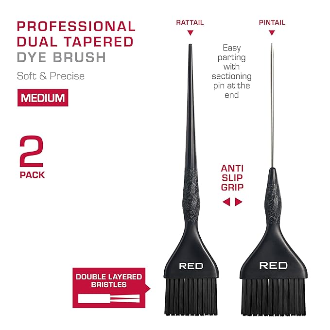 RED by Kiss Professional Dual Tapered Hair Dye Brush, Double Layered Bristles, Non-Slip Spiral Handle, Salon Precision Tool (Medium, 2PK)