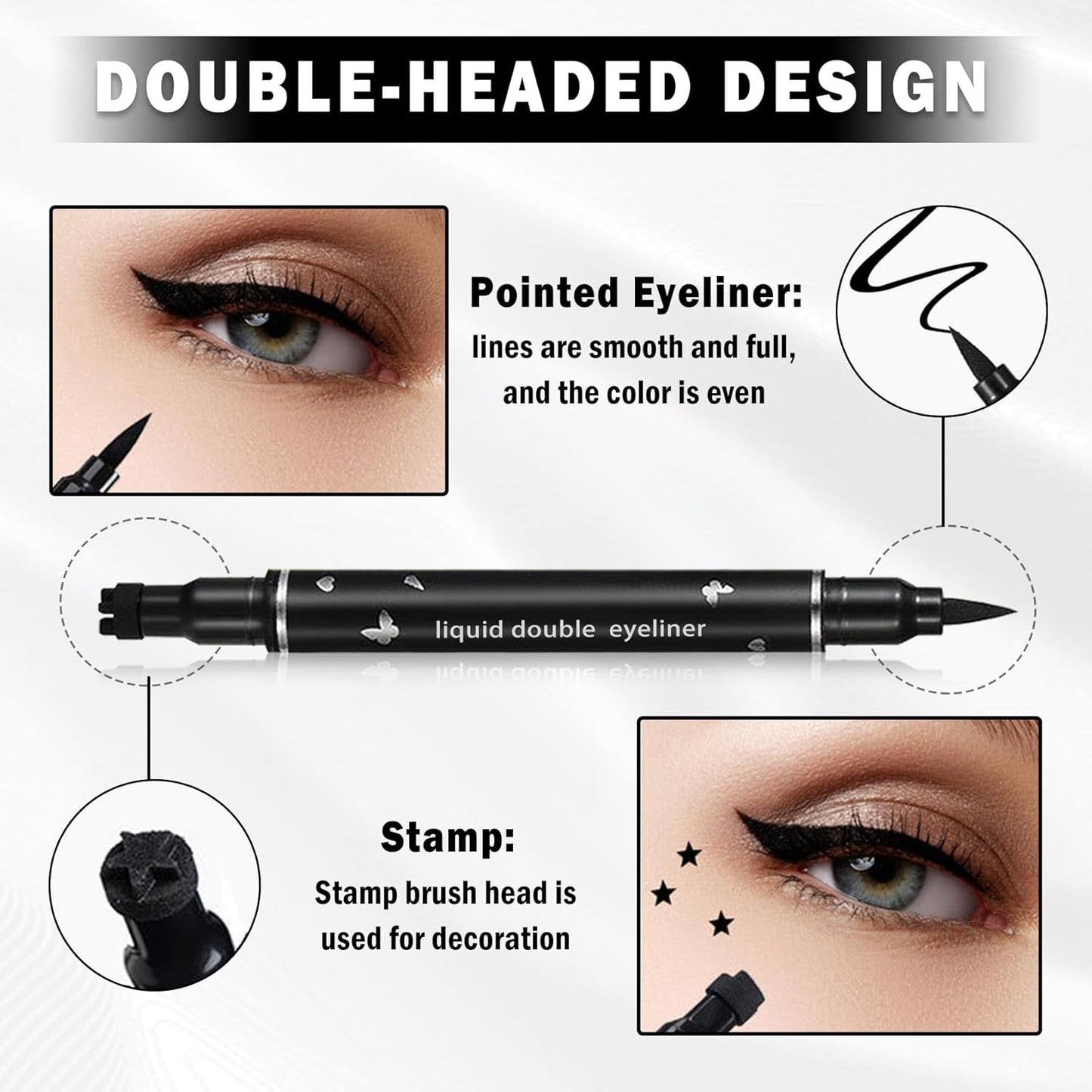 Double-headed Eyeliner Stamp Pencil Black Liquid Winged Eyeliner Stamp Pen Waterproof Smudgeproof Eye Liner Stamp for Eye Makeup(03 Flower)