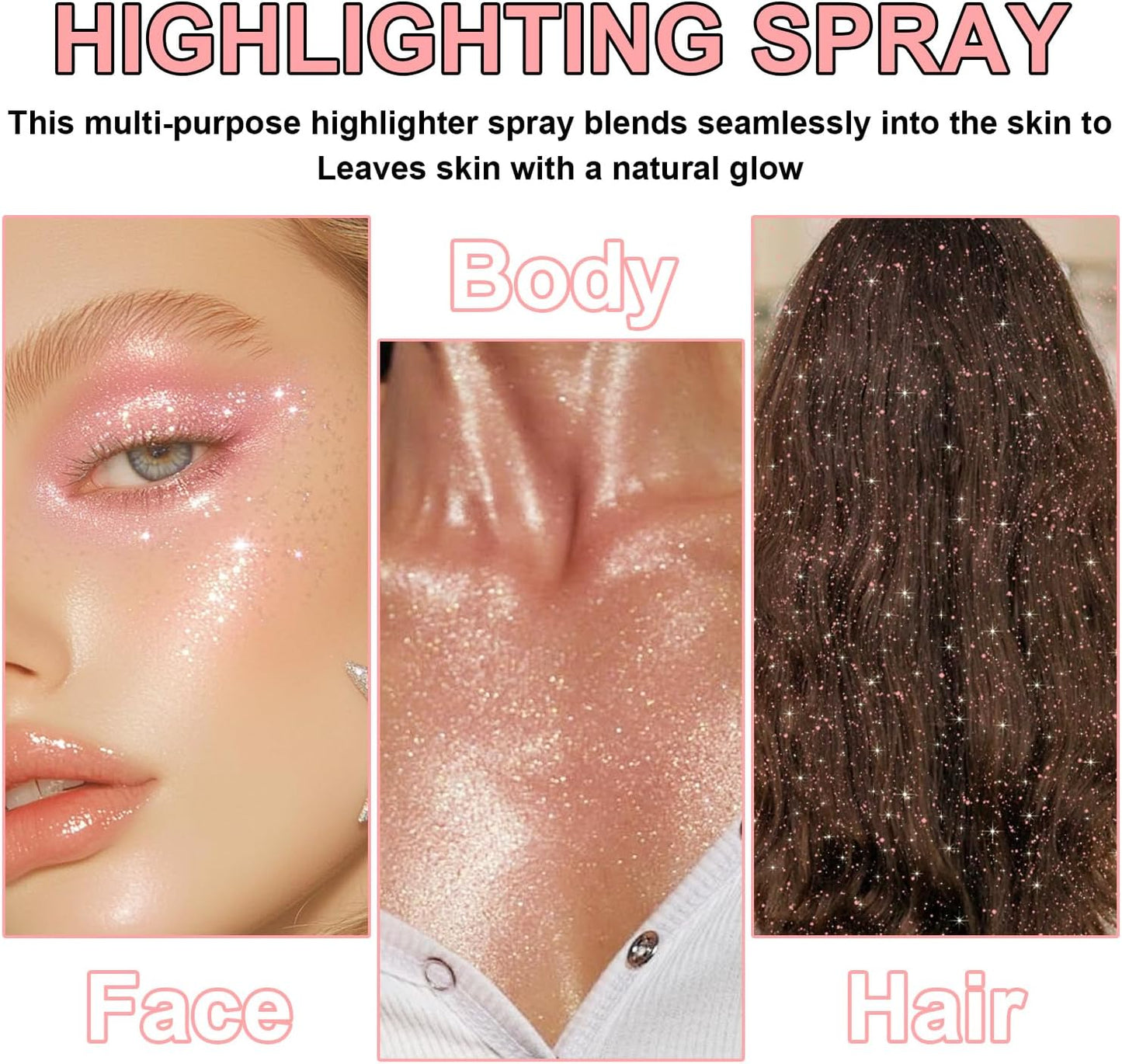 Hair and Body Glitter Spray, Shimmering Powder Sparkle Powder Makeup, Glitter Loose Sparkle Makeup for Body Highlighter,Festival Prom Rave Accessories (Pink)