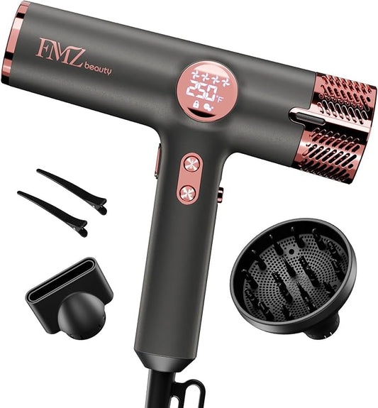 FMZ Professional Hair Blow Dryer with Diffuser, 1875W High Speed Brushless Motor for Fast Drying, Smart Display, Portable Small Light weight Low Noise, Curly Ionic Blowdryer for Women Men Salon Travel