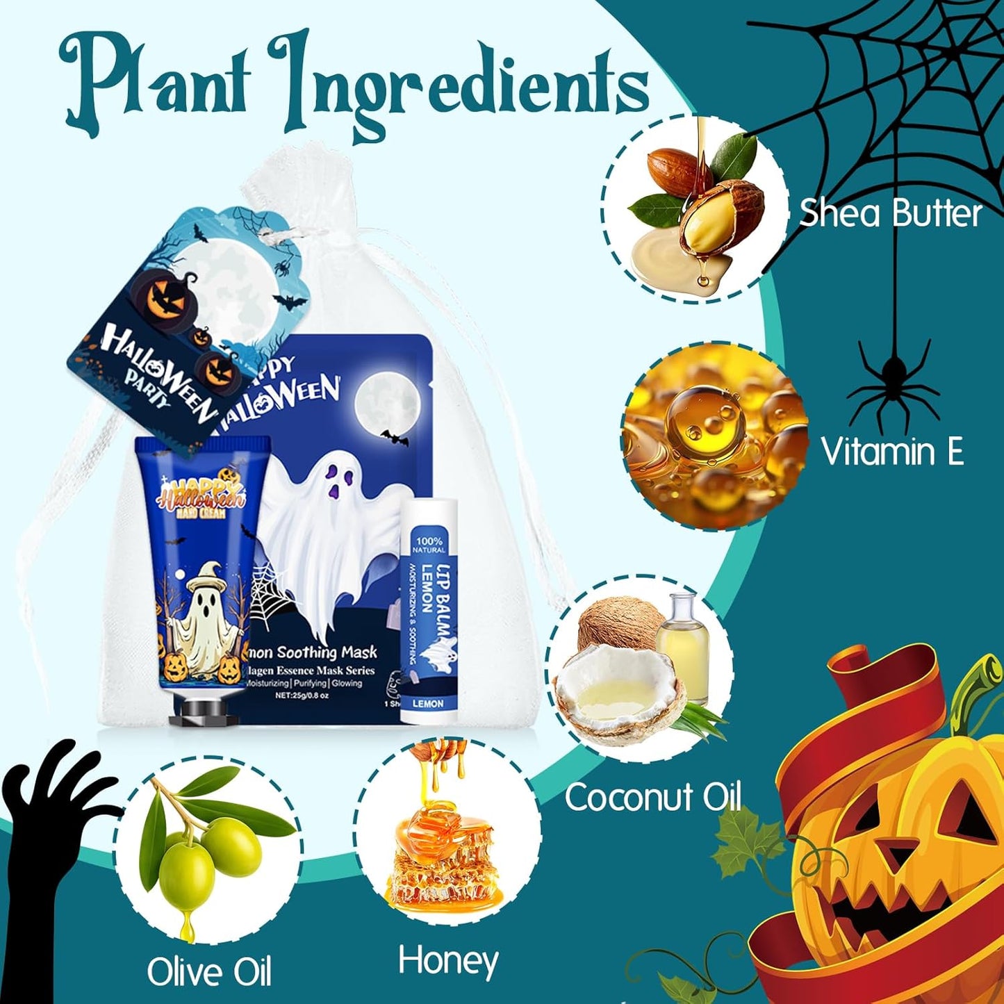 VESPRO 50 Pack Halloween Hand Cream, Facial Mask and Lip Balm Set, Bulk Halloween Gifts for Women, Halloween Decorations, Halloween Party Favors, Halloween Basket Stuffers and Halloween Skincare - Glowelle