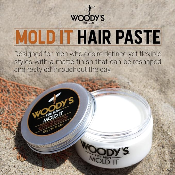 Woody's Mold It Matte Hair Paste for Men - Medium Hold, Matte Finish Styling Clay Pomade for Men Alternative, Adds Texture & Volume, 3.4 Oz