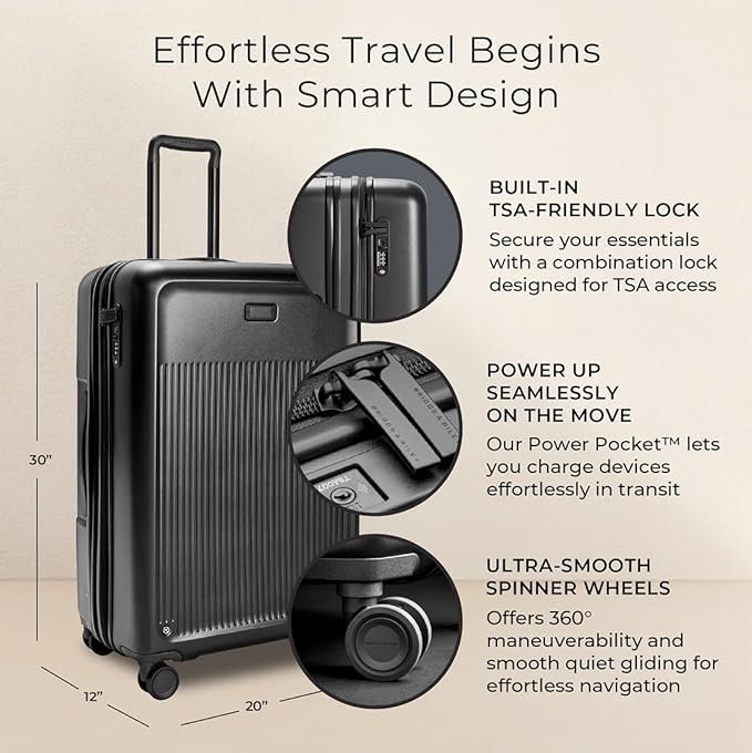 Briggs & Riley 30" Large Expandable Spinner - Checked Luggage for Travel, Suitcases with Wheels, Hardside Rolling Bag for Men & Women, Self-Repairing Zipper - Sympatico Collection, Black