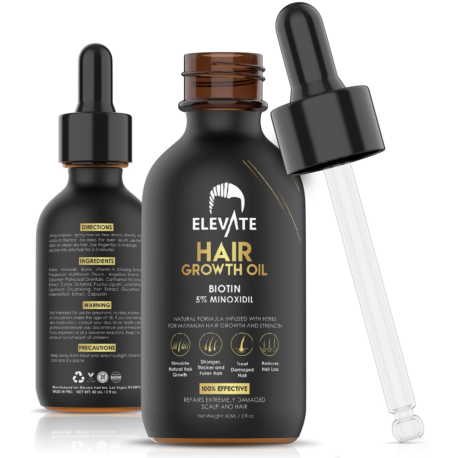 Elevate Hair Regrowth Treatment 5% Minoxidil Solution – Biotin Serum Hair Growth Oil for Men & Women - Thicker Fuller Stronger Hair - Stops Hair Loss & Thinning - Natural Hair Thickening Treatment 2oz - Glowelle