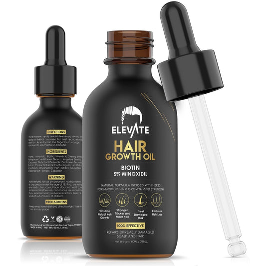 Elevate Hair Regrowth Treatment 5% Minoxidil Solution – Biotin Serum Hair Growth Oil for Men & Women - Thicker Fuller Stronger Hair - Stops Hair Loss & Thinning - Natural Hair Thickening Treatment 2oz - Glowelle