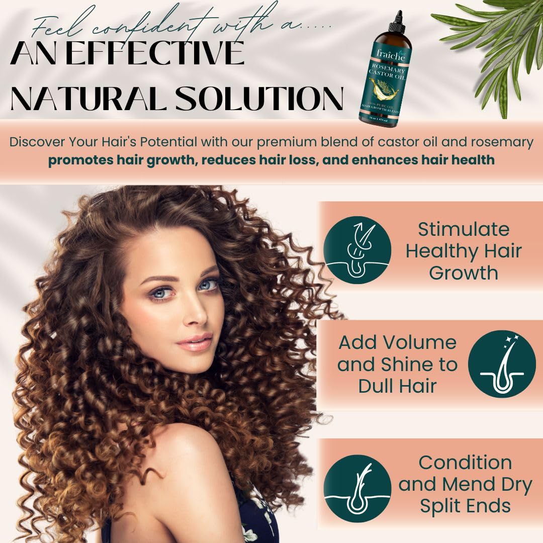 Live Fraiche Rosemary Castor Oil for Hair Growth 16oz - Rosemary Oil for Hair Growth and Thickening Pure Blend to Reduce Loss and Promote a Healthy Scalp - Glowelle