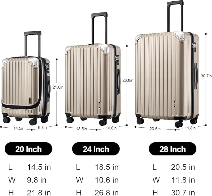 LEVEL8 Grace Luggage Sets Hardshell Suitcase with Wheels, Sturdy Large Suitcase Tsa Lock 20 Inch Expandable Carry on 24 Inch 28 Inch Checked Luggage, 3-Piece Set (20/24/28), Champagne