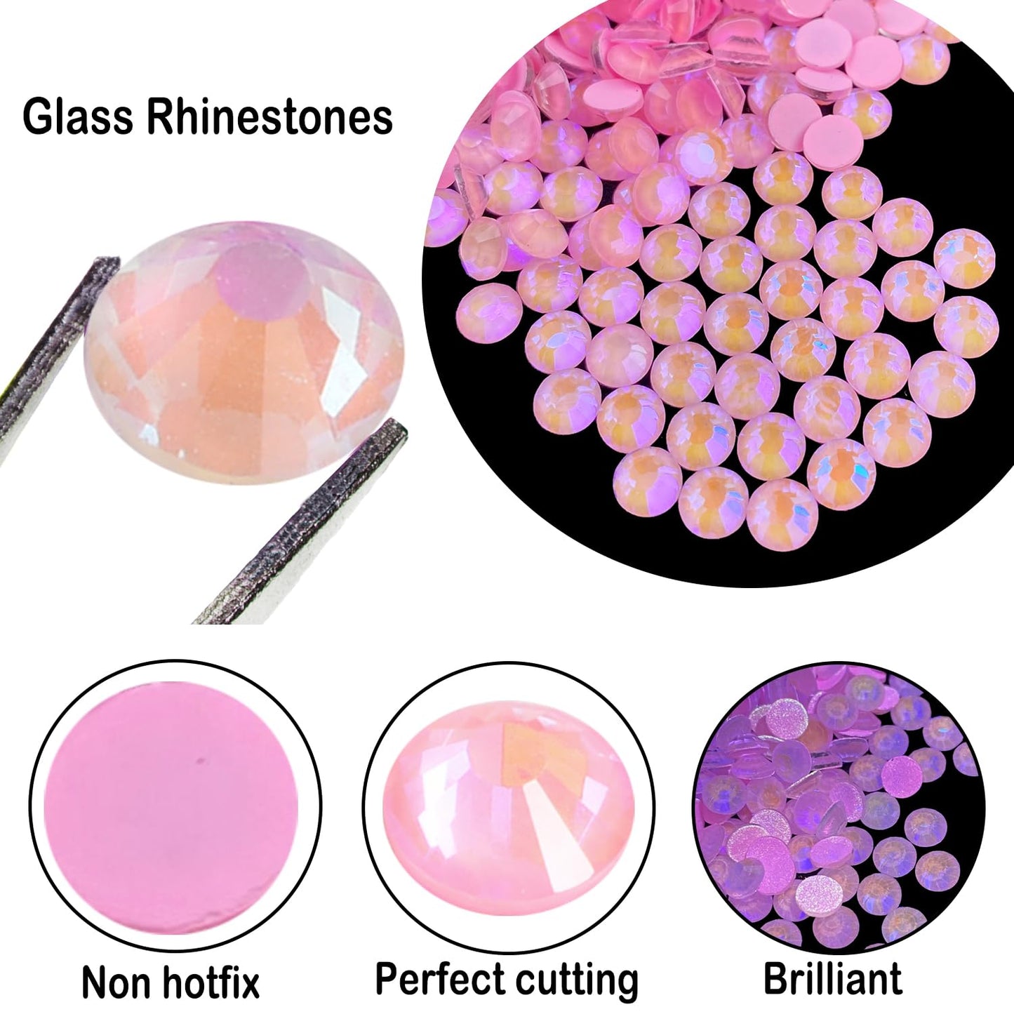 Flatback Glass Rhinestones,Bedazzler Gems 1440pcs Non Hotfix Crystal Rhinestones for Nail Charms Crafts Clothes Tumblers,Pink AB Neon,SS16