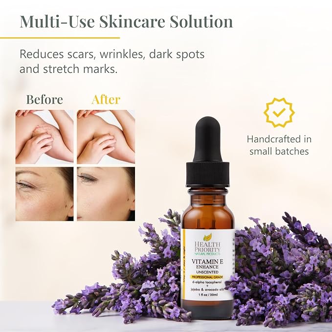 Health Priority Naturals|Organic Vitamin E Oil for Skin - Jojoba, Avocado Oil - Unscented, Handcrafted for Face/Hair, Non-GMO, No Gluten, 30000 IU, 1 Fl oz