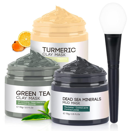 3PCS Clay Face Mask Skincare - Facial Skin Care Mask for Deep Pore Cleansing Turmeric Dead Sea Mud Green Tea Purifying and Hydrating - Reduce Acne Blackheads for Women and Men 2.5 OZ each