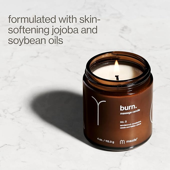 Maude Burn No. 3 - Hydrating + Skin-Softening Soybean + Jojoba Oil Massage Candle - Soothing Warm Massage Oil Candle with Notes of Eucalyptus + Sandalwood - Relaxing Self Care Gifts (4 oz)