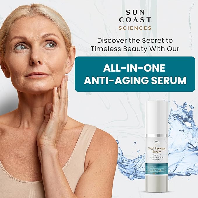 Sun Coast Sciences - Total Package Serum, All-In-One Vitamin C, Hyaluronic Acid, Anti-Aging Facial Super Serum for Wrinkles, Brightening, Dark Spots - 1 fl oz (Pack of 3)