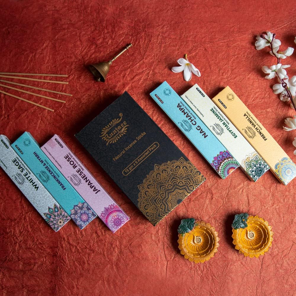 raajsee Incense Sticks 6 Pack Variety Set 15gm Each, Nag Champa- Jasmine - vanila-Japanese Rose-White Sage,100% Organic Hand Rolled- Perfect for Yoga, Meditation,Aromatherapy - Glowelle