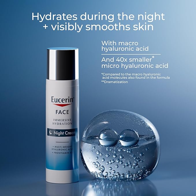 Eucerin Face Immersive Hydration Night Cream with Hyaluronic Acid and Provitamin B5,Ultra-Lightweight Face Moisturizer Smooths Fines Lines and Wrinkles,2.5 Oz Bottle,(Pack of 2)