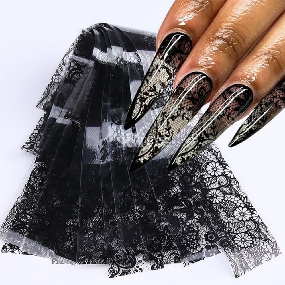 Lace Nail Art Foil Transfer Stickers Black White Flower Foil Transfers Decals Nail Supplies Starry Sky Lace Flowers Nail Foils Nail Art Adhesive Transfer Foils Sticker for Women Girls Manicure Tips