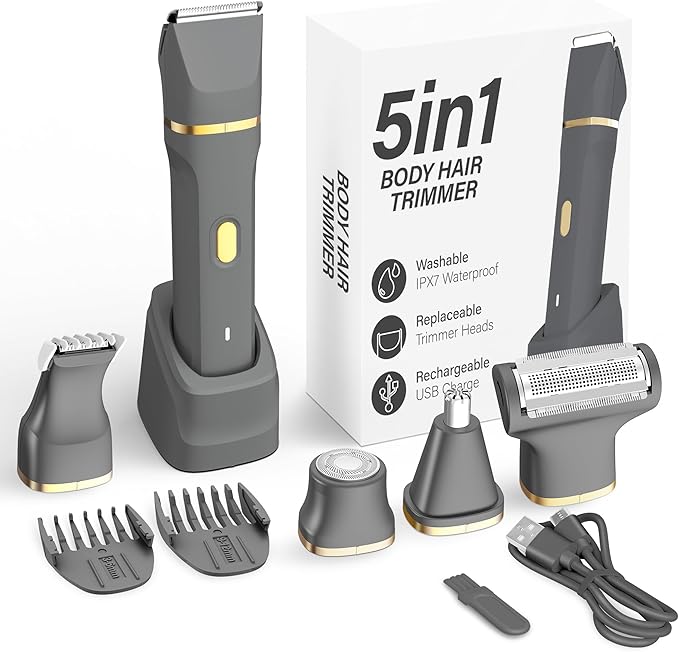 KINGTEE 5-in-1 Electric Bikini Trimmer for Women – IPX7 Waterproof Shaver, Cordless Body & Facial Razors for Women, Ceramic Blades, USB-C Rechargeable, Painless Hair Removal Kit (Light Black)