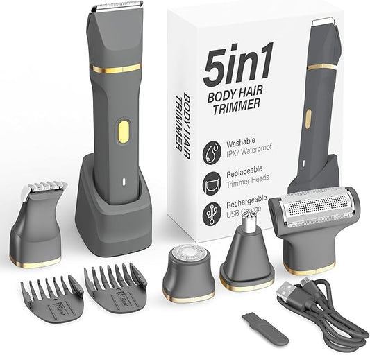 KINGTEE 5-in-1 Electric Bikini Trimmer for Women – IPX7 Waterproof Shaver, Cordless Body & Facial Razors for Women, Ceramic Blades, USB-C Rechargeable, Painless Hair Removal Kit (Light Black)