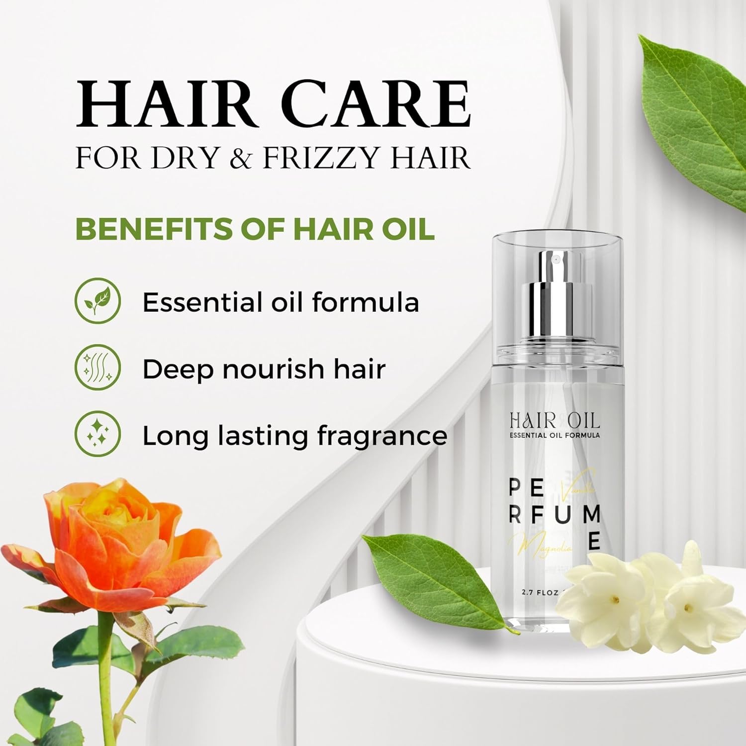 Hair Perfume Oil for Women (Vanilla Magnolia), Argan Oil Heat Protection Spray for Dry, Damaged, Firzzy Hair Care, Long Lasting Fragrance Mist with Keratin & Elastin for Nourishing & Smooth 2.7 fl oz - Glowelle