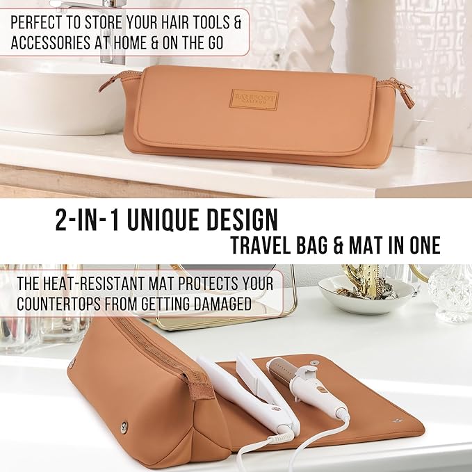BAREFOOT CARIBOU Hair Tools Travel Bag and Heat Resistant Mat for Flat Irons, Straighteners, Curling Iron, and Haircare Accessories, 2-in-1 design, with Interior Pockets, Portable Organizer