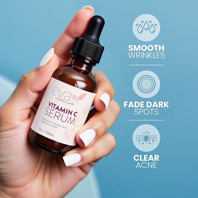 Eva Naturals Vitamin C Serum for Face - 20% Vit C with Hyaluronic Acid, Ferulic Acid & Vitamin E - Facial Serum for Dark Spots, Acne, Anti Aging, Glow & Even Skin Tone, 1 oz