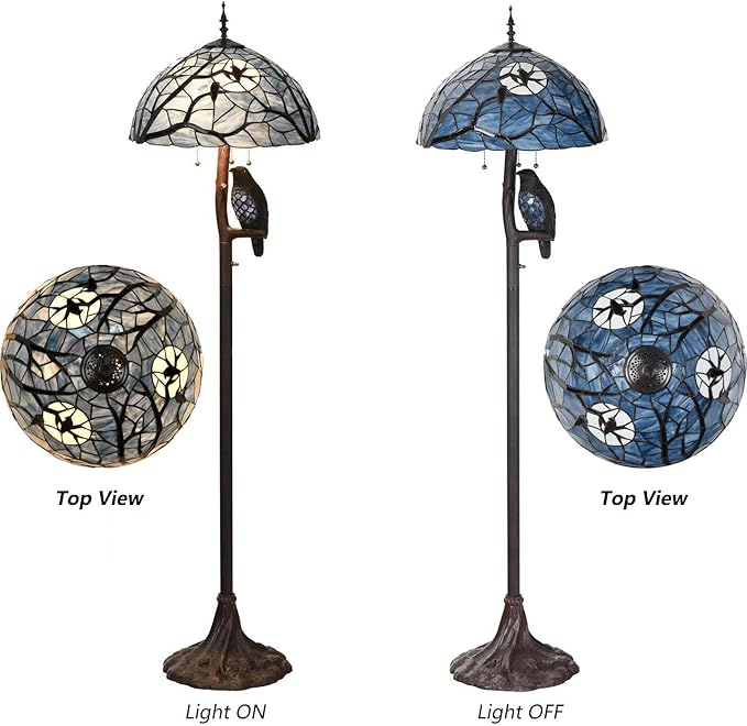 Bieye L10882 Ravens Sitting on Bare Tree Branch Against Full Moon Tiffany Style Stained Glass Floor Lamp with Raven Night Light Double Lit for Halloween Décor, 4-Light, 65 inches Tall (Dark Blue)