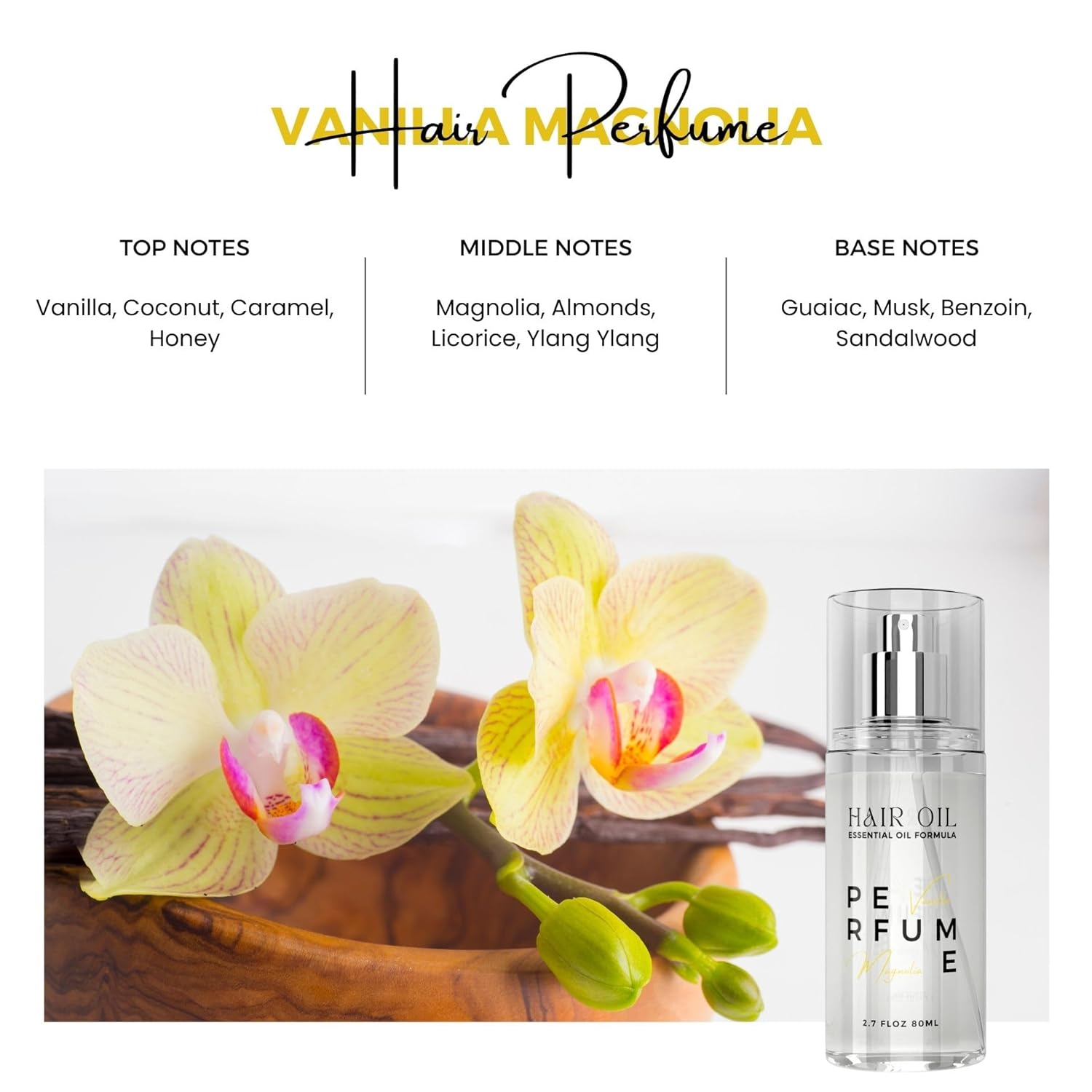 Hair Perfume Oil for Women (Vanilla Magnolia), Argan Oil Heat Protection Spray for Dry, Damaged, Firzzy Hair Care, Long Lasting Fragrance Mist with Keratin & Elastin for Nourishing & Smooth 2.7 fl oz - Glowelle