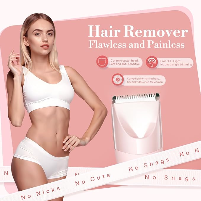 Bikini Trimmer for Women, 2 in 1 Electric Shaver for Women, Pubic Hair Trimmer Waterproof IPX7 with LED, Bikini Razor for Leg Arm Underarm Bikini Area, Pull Bows Gift Box for Friends (Rose Pink)