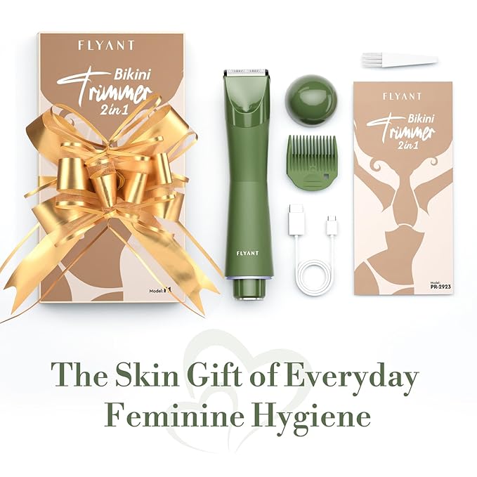 Flyant Bikini Trimmer for Women, 2 in 1 Electric Shaver for Women, Pubic Hair Trimmer Waterproof IPX7 with Led Display for Leg Arm Underarm Bikini Area, Pull Bows Gift Box for Friends (Dark Green)