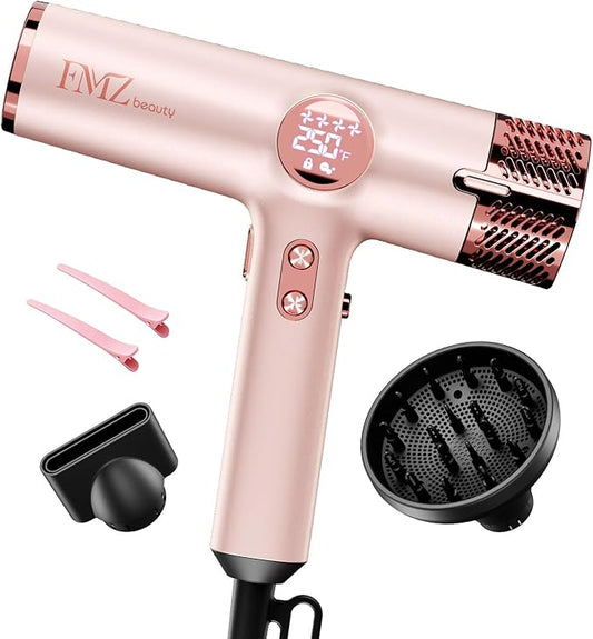 FMZ Professional Hair Blow Dryer with Smart Display, 1875W High Speed BLDC Motor for Fast Drying, Portable Mini Lightweight Quiet, Pink Curly Ionic Diffuser HairDryer for Women Girls Teen Salon Travel