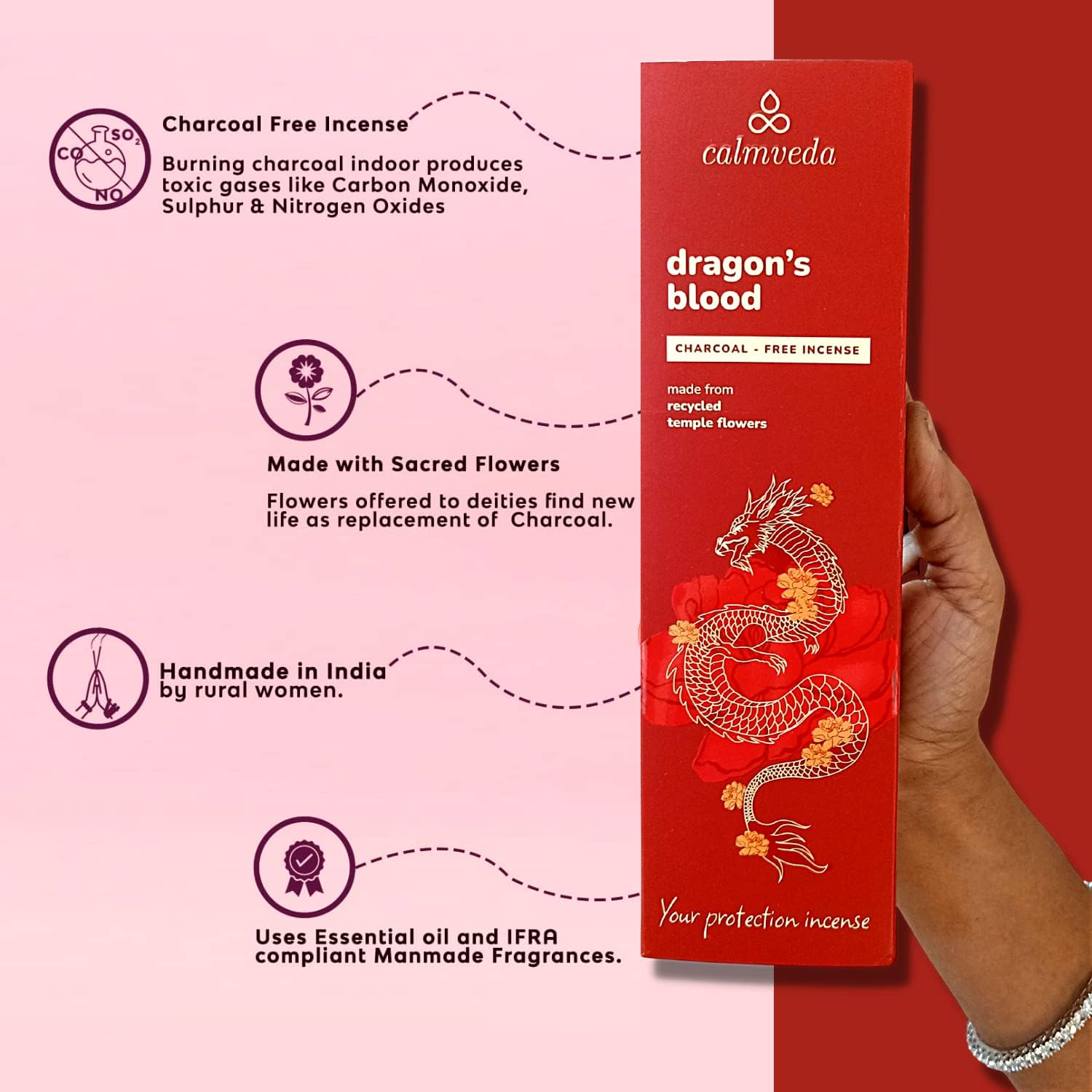 Peru Dragons Blood Incense Sticks - (80 Scented Sticks) Charcoal Free, Made from Upcycled Flowers | Sweet, Spicy & Ambery Notes | Protection Incense Sticks for Bad Energy Cleansing (Sangre de Grado) - Glowelle